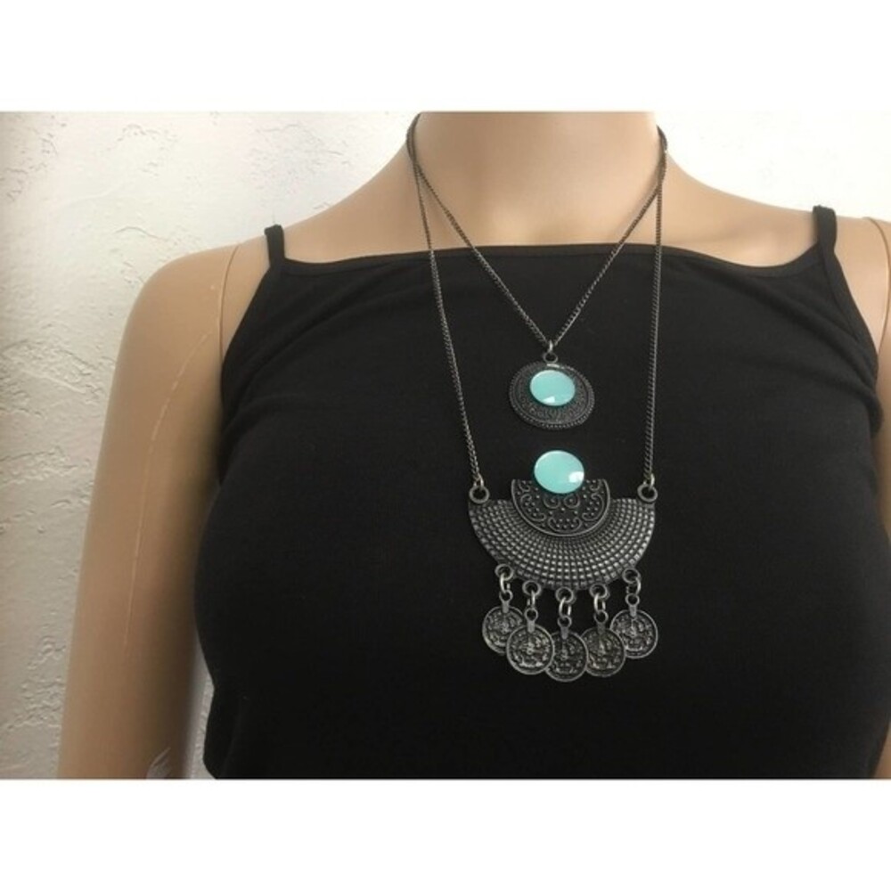 Two Strand Black Chain Blue Accent Necklace Boho